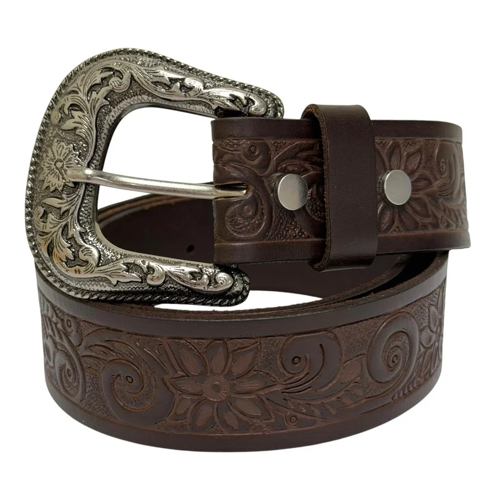 Lucky Brand Men's Size 36 100% Leather Belt Brown Embossed Floral Western NWT